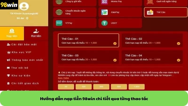 Hướng dẫn nạp tiền 98win chi tiết qua từng thao tácHướng dẫn nạp tiền 98win chi tiết qua từng thao tác